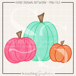 May include: Hand-drawn artwork of three pumpkins in pink, teal, and orange. The pumpkins have brown stems and are set against a light background. The text "HAND DRAWN ARTWORK &bull; PNG FILE" is at the top. The text "Something Scripted" is at the bottom.