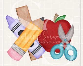 School Supplies Crayon, Apple, Scissors PNG: Hand Drawn Clipart (Digital Download)