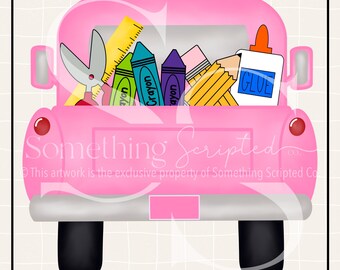 Pink School Supplies Truck PNG Sublimation Design: Hand-Drawn Printable Clipart (Instant Digital Download)