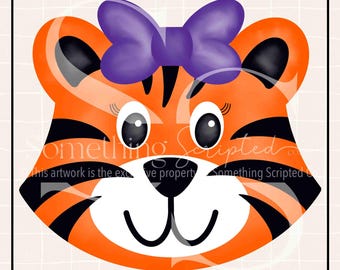 Tiger Girl Purple Bow PNG Sublimation Design: Hand-Drawn Printable Clipart (Instant Digital Download)