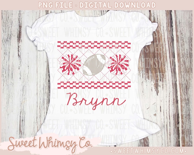 Football Cheer PomPom Red White Faux Smocked Stitched Embroidery Applique Design PNG Digital Download Clipart File