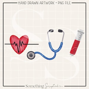 Heartbeat Stethoscope Syringe PNG Sublimation Design, Nurse Doctor Medical Printable Clipart, Digital Art Download