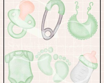 Baby Clipart PNG: Green Pacifier, Bottle, Bib Design (Digital Download