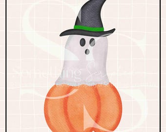 Ghost Witch on Pumpkin Halloween PNG Sublimation Design, Halloween Clipart Printable, Digital Art Download