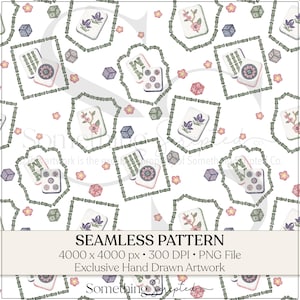 May include: A seamless pattern design with watercolour illustrations of Mahjong tiles, dice, and floral accents on a white background. The design includes a repeating pattern of tiles with floral and geometric elements, framed by bamboo-like borders.