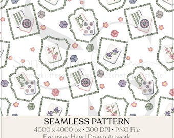 Mahjong Hand Drawn Game Tiles Seamless Pattern, Olive, Blush, Navy, Purple ( PNG Digital Download)