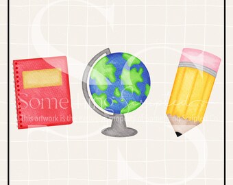 School Supplies Pencil Globe Notebook PNG Sublimation Design: Hand-Drawn Printable Clipart (Instant Digital Download)