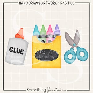 School PNG Sublimation Design, Glue Crayon Scissors PNG, Back To School Printable Clipart, Teacher PNG, Digital Art Download