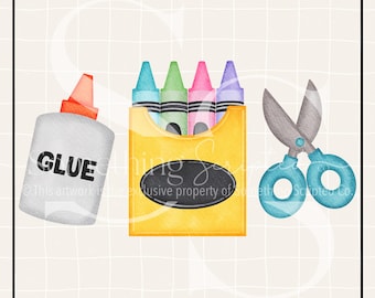 Glue, Crayon & Scissors School Supplies PNG Sublimation Design: Hand-Drawn Printable Clipart (Instant Digital Download)