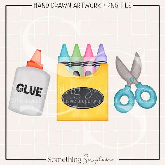 Glue, Crayon & Scissors School Supplies PNG Sublimation Design: Hand-Drawn Printable Clipart (Instant Digital Download)