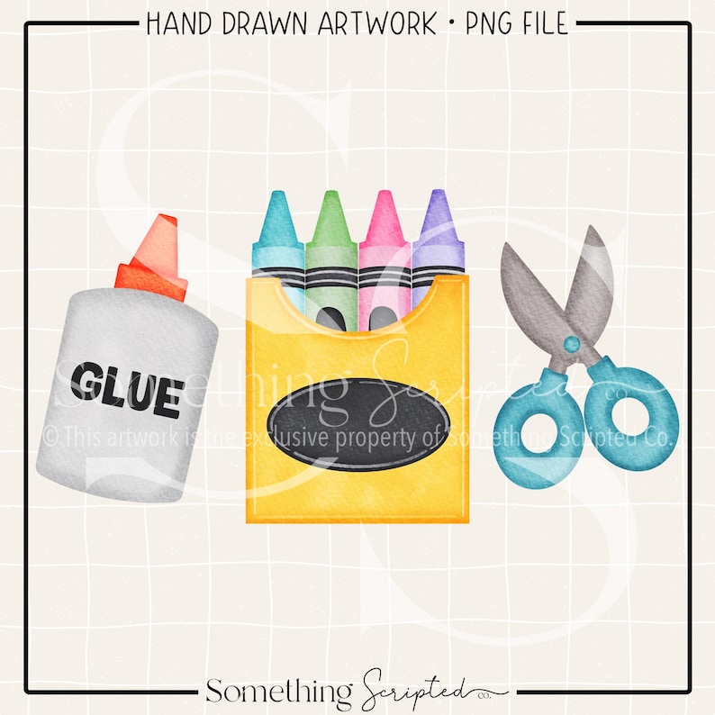 Pu&ograve; includere: Illustrazione ad acquerello di articoli per la scuola, tra cui un flacone di colla con la scritta "GLUE", una scatola di pastelli blu, verdi, rosa e viola e un paio di forbici con manici blu. L'immagine presenta il testo "HAND DRAWN ARTWORK &bull; PNG FILE".