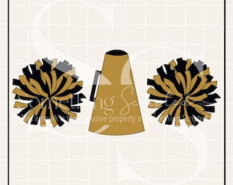 Black and Gold Megaphone Pompoms Cheer PNG Sublimation Design, Cheerleading Clipart Printable, Digital Art Download