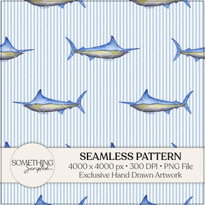 May include: Seamless pattern featuring blue marlin fish on a light blue and white striped background. The fish have blue bodies with yellow and gray accents. The pattern is labeled "SEAMLESS PATTERN" and "Exclusive Hand Drawn Artwork".