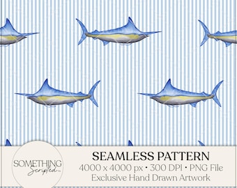 Swordfish Seamless Pattern: Watercolor PNG File, Hand Drawn Artwork, Instant Digital Download