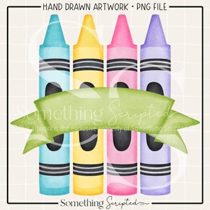 School Crayon PNG Sublimation Design, Pastel Color Crayons Name Ribbon PNG, Back To School Printable Clipart, Teacher PNG, Digital Art
