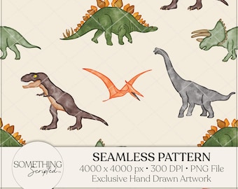 Dinosaur Seamless Pattern: Watercolor PNG File, Hand Drawn Artwork, Instant Digital Download