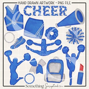 Blue & Silver Cheer PNG Sublimation Design Bundle, Cheerleading Megaphone PomPom Uniform Backpack Clipart Printable, Digital Art Download