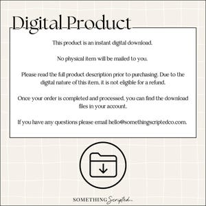 May include: A digital product announcement with the text "Digital Product." The text explains it's an instant download, no physical item is mailed, and refunds aren't available. A circular icon with a folder and downward arrow is at the bottom.