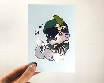 Genshin Impact Venti Cat Print - A6 - Illustrated Print - Illustrated Art Print - Kawaii Decor