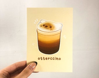 Otterccino Coffee Cat Print - A6 - Illustrated Print - Illustrated Art Print - Kawaii Decor