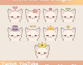 Odznaki Kawaii White Cat Sub: Pastelowe ikony subskrybentów Twitch i Discord (do pobrania cyfrowego)