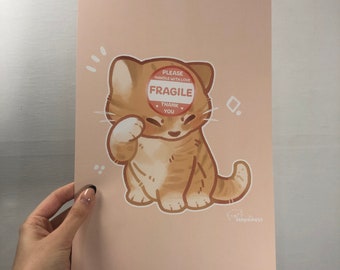 Fragile Cat Meme Print - A4 - Illustrated Print - Illustrated Art Print - Kawaii Decor