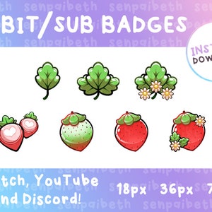 Kawaii Strawberry Sub Badges: Pastel Twitch & Discord Subscriber Icons (Digital Download)