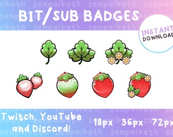Odznaki Kawaii Strawberry Sub: Pastelowe ikony subskrybentów Twitch i Discord (do pobrania cyfrowego)