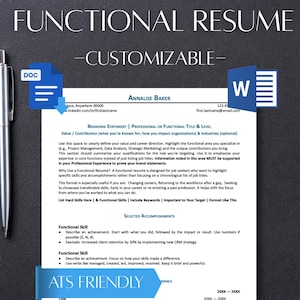 Peut inclure: Modèle de CV fonctionnel personnalisable avec le texte « CV FONCTIONNEL ». Le document comprend des sections pour l'image de marque, les compétences et les réalisations. Un stylo et des icônes de documents sont également visibles.
