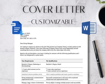 May include: A customizable cover letter template with the text "MATCH-UP COVER LETTER - CUSTOMIZABLE". The document includes sections for qualifications and requirements, and is labeled "ATS FRIENDLY". A coffee cup and pen are visible.