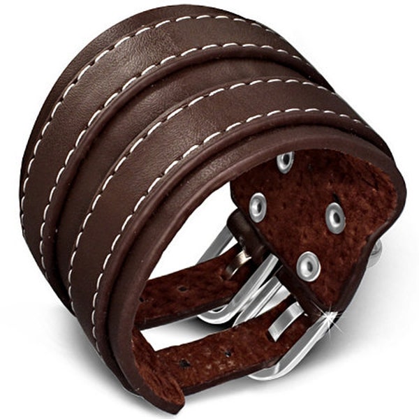 2 Strap Stichted with Buckles - Brown Genuine Leather