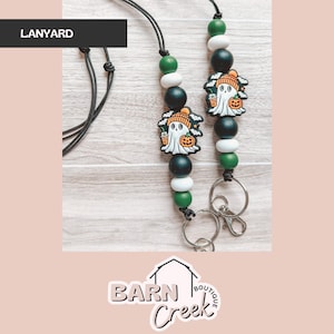 Cozy Fall Ghost Lanyard | Beanie Iced Coffee Trick-or-Treat Pumpkin | Fall Vibes | Ghost Girl | Spooky Basket | Halloween Style Teacher