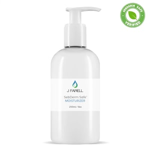 May include: A white bottle of J Farell SebDerm Safe Moisturizer with a pump dispenser. The label includes a blue water droplet logo and the text "250ml / 8oz". A green circle with a leaf and the words "SebDerm Safe Verified" is in the upper right corner.