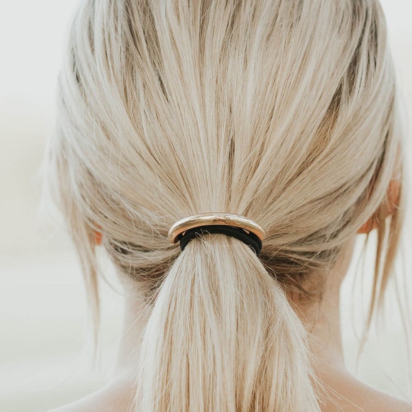 Metallic Ponytail Holder Gold Silver | Elastic Cuff Casual Modern Slim Long Hair Accessory | High Messy Bun Wrap Hair Tie | Easy Hairstyle