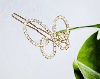 Rhinestone butterfly gold or silver hair clips, Wedding bridal bridesmaid hair accessories, Minimal side-part hairdo hairstyle hair barrette