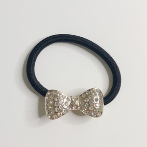 Gold faux diamond bow shape ponytail holder hair tie