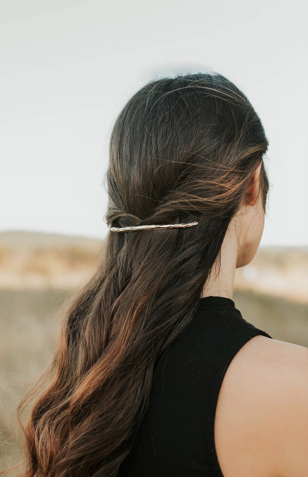 Hammered Hair Clip in Gold Long Thin French Hair Barette Artisan