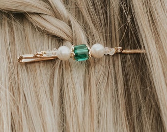 Emerald Gem and Baroque Pearls Hair Pin | Gold Long Bobby Pin with real freshwater pearl | Wedding Bridal Bridesmaid Hair Jewelry Accessory