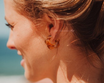 Acrylic translucent hoop earrings | Resin brown small earrings | Minimalist boho unique cool retro trendy circle clear tortoise earrings