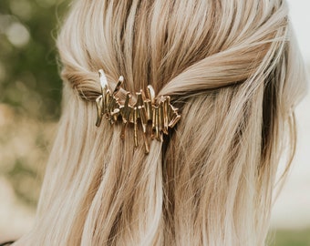 Minimalist artistic gold irregular shape hair barrette, Half updo hairstyle hair accessories, Large gold hair clip hair barrette