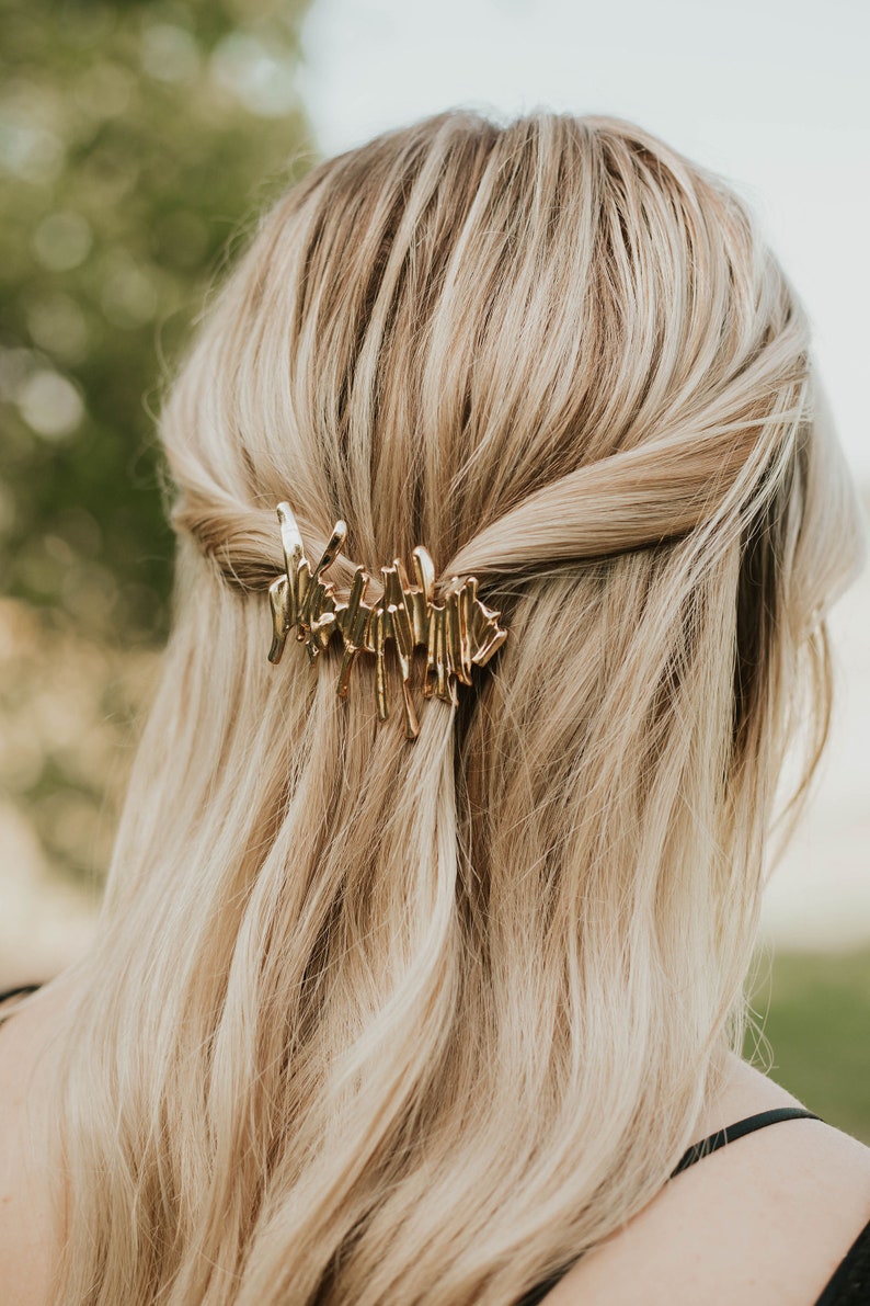 Minimalist artistic gold irregular shape hair barrette, Half updo hairstyle hair accessories, Large gold hair clip hair barrette image 1