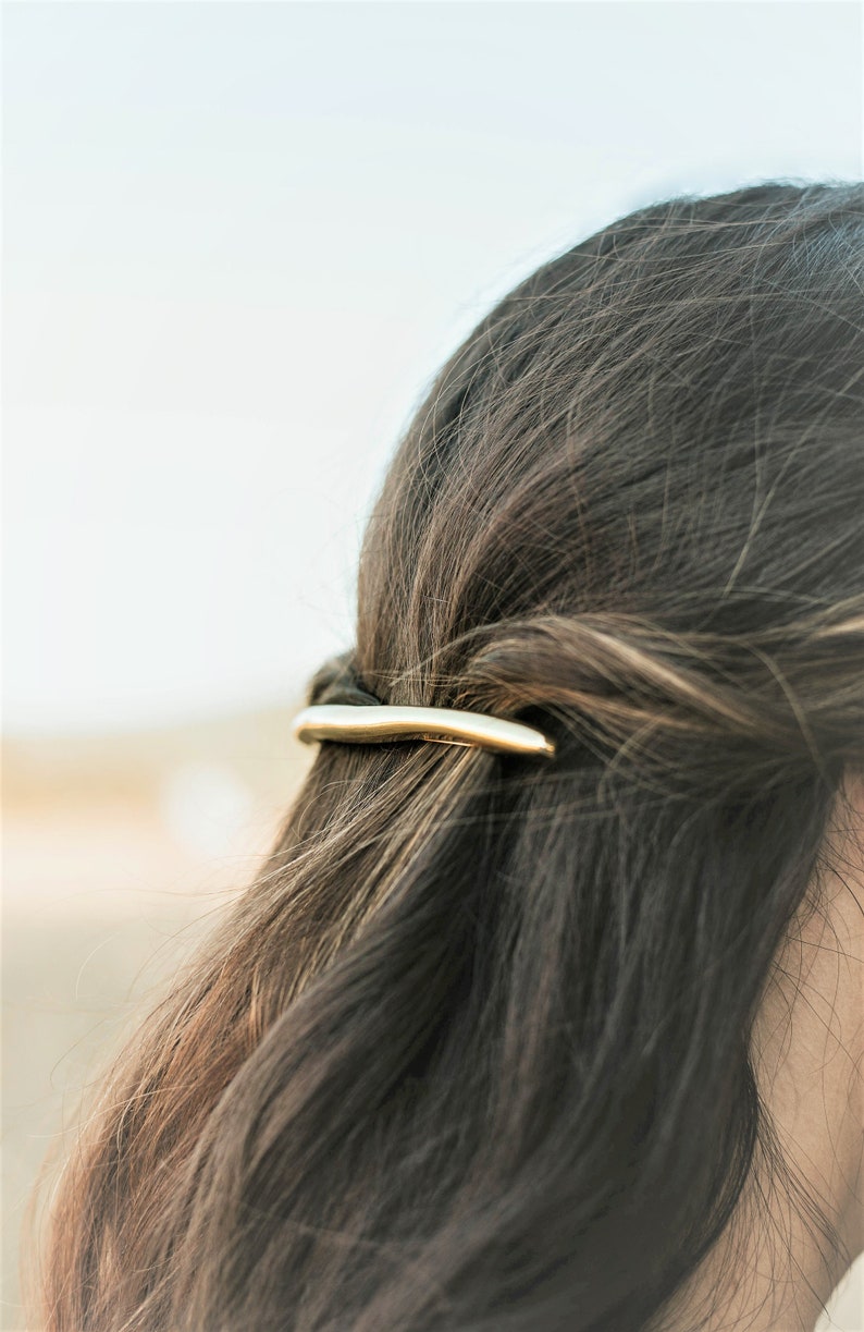 Minimalist extra long wavy thin bar hair clip, Gold asymmetric hair barrette, Modern women hair accessories large hair clips image 2