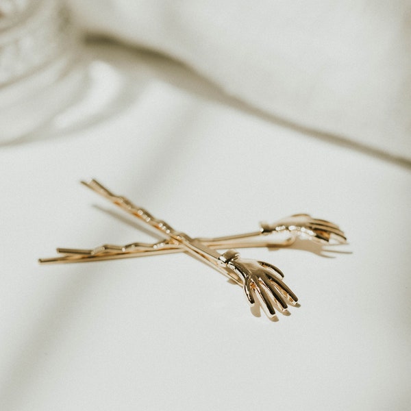 Bobby Pin Set with Tiny Hand Design | Gold or Silver Minimalist Casual Slide Hair Pin | Whimsical Skeleton Halloween Hair Accessory