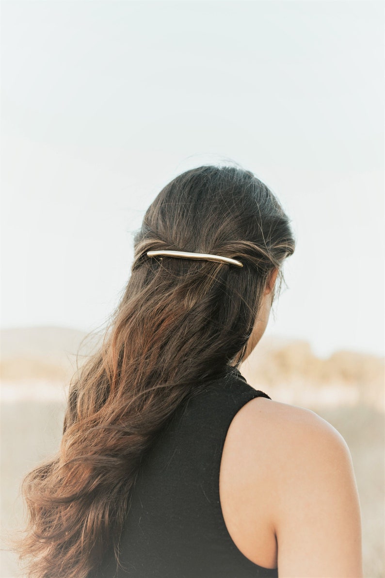 Minimalist extra long wavy thin bar hair clip, Gold asymmetric hair barrette, Modern women hair accessories large hair clips image 3