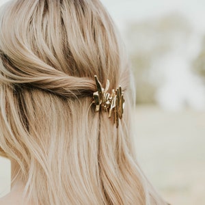 Minimalist artistic gold irregular shape hair barrette, Half updo hairstyle hair accessories, Large gold hair clip hair barrette image 3