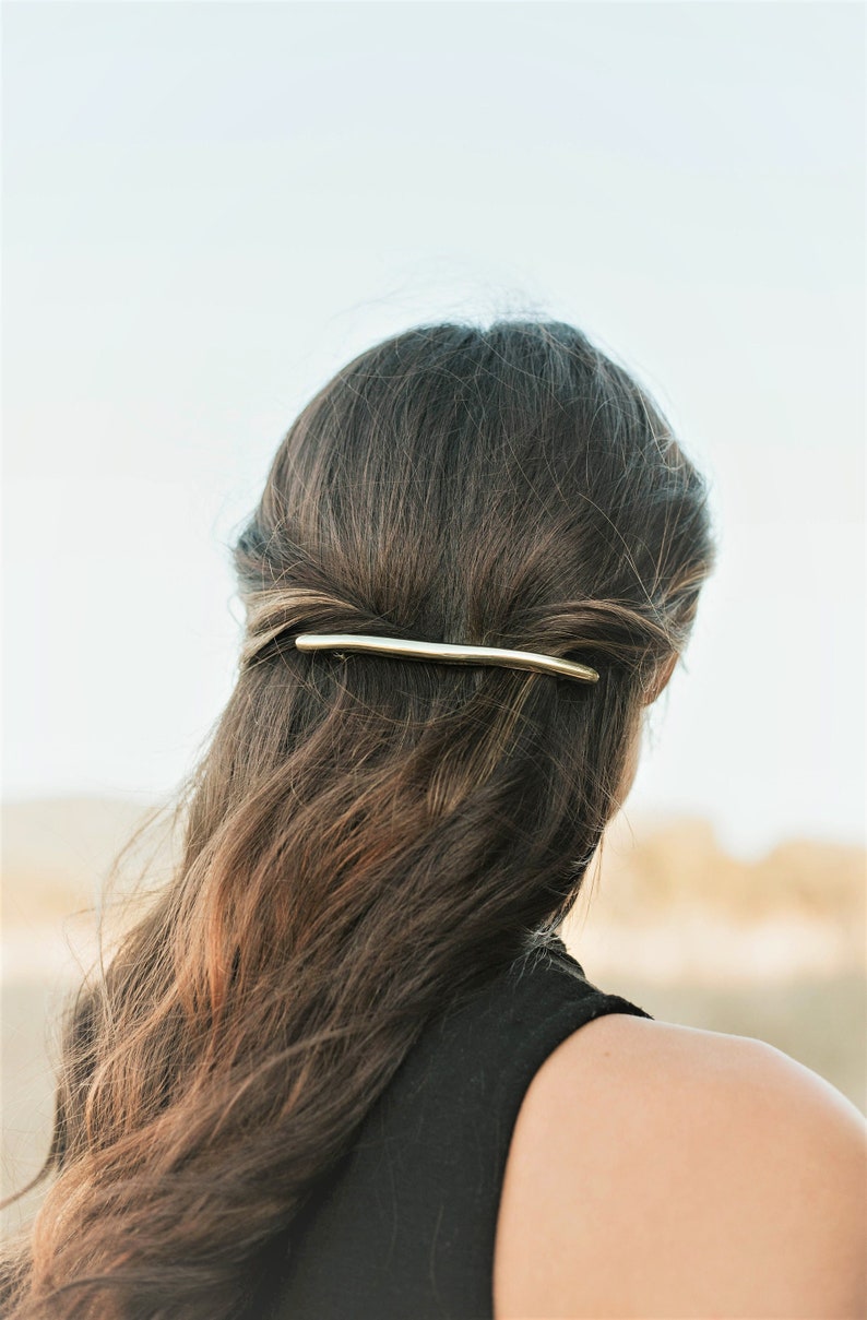 Minimalist extra long wavy thin bar hair clip, Gold asymmetric hair barrette, Modern women hair accessories large hair clips image 1