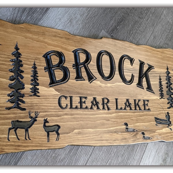 Outdoor Carved Sign, custom Wooden Carved Cabin Sign, spruce Trees, Camp Sign,  Lake house Sign, Cottage Sign, Rustic Signs