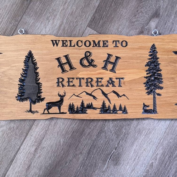 Custom wood carved sign with trees , mountain and deer for your home, cabin, cottage,lake house , yard, garden, and gift giving needs