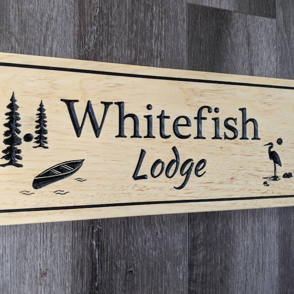 Personalized carved outdoor sign with trees and canoe, perfect for Home, Ranch, Cabin, Cottage, Street, Garden, Patio or Business