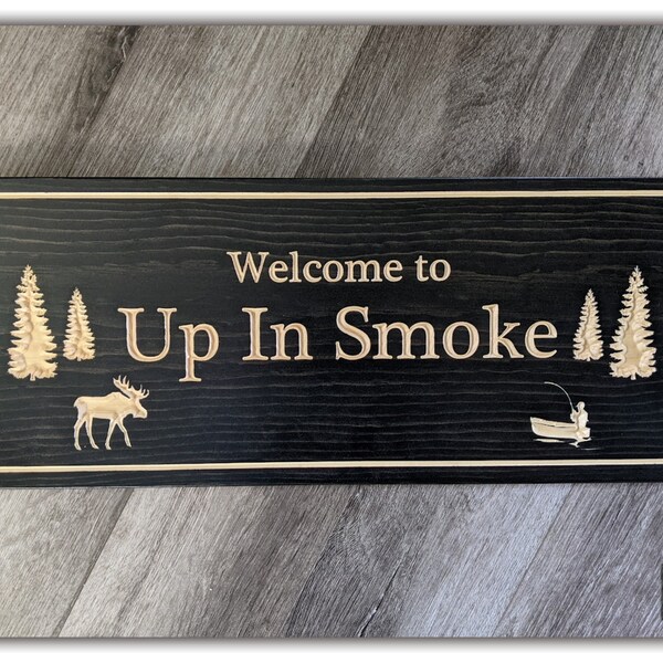 Custom sign with moose and trees for your cottage sign lake house, birthday gift, anniversary gift, house warming gift and gift giving needs